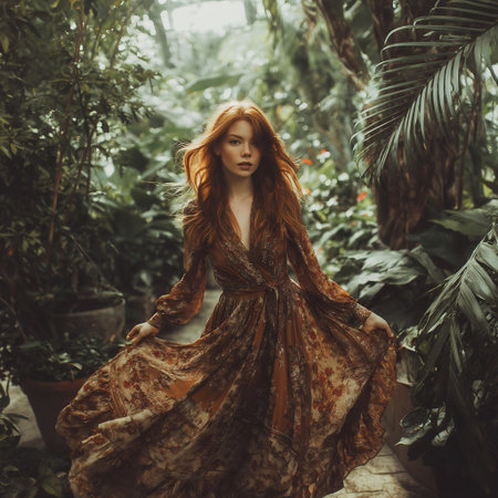 Beautiful girl with red hair in a long dress among tropical plantsの素材