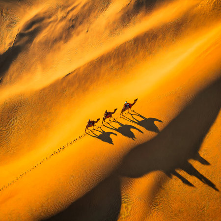Silhouette of camel caravan in Sahara desert, Morocco, Africaの素材