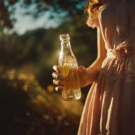 A girl in a dress holds a bottle of water in her handsの素材