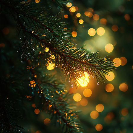 Spruce branch with bokeh lights in the background. Christmas background.の素材