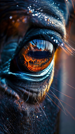 Eye of a horse close-up in the light of the setting sunの素材