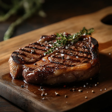 Grilled beef steak with herbs on wooden board, close-upの素材
