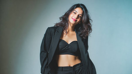 Portrait of a beautiful young woman in black jacket on gray backgroundの素材