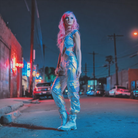 Sexy girl in blue jumpsuit posing on the street at nightの素材
