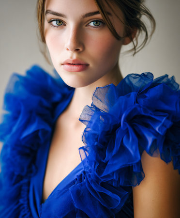 Portrait of a beautiful young woman in blue dress. Beauty, fashion.の素材