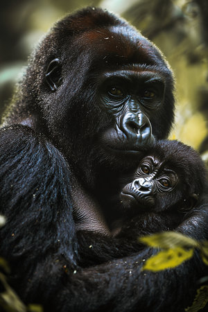 Portrait of a gorilla with a baby in the rainforest.の素材