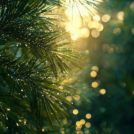 Fir tree branch with dew drops on bokeh backgroundの素材