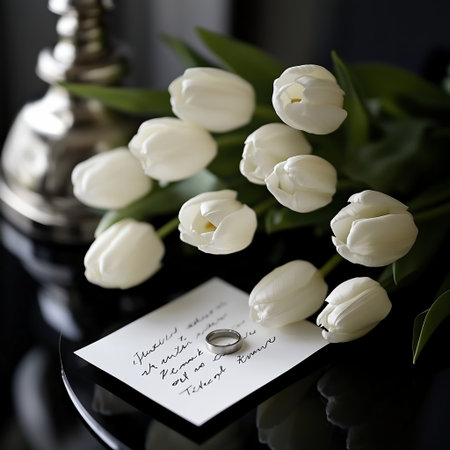Wedding rings and bouquet of white tulips on black backgroundの素材