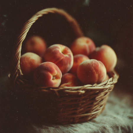 Ripe peaches in a wicker basket on a dark backgroundの素材