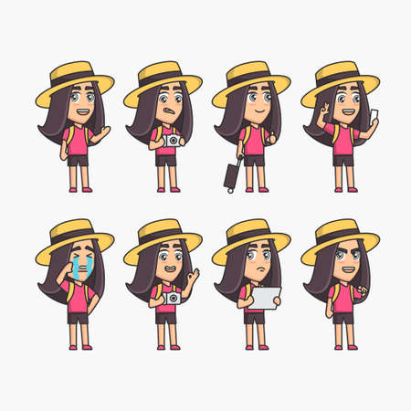 Young girl tourist traveler adventure poses. Different poses and emotionsのイラスト素材