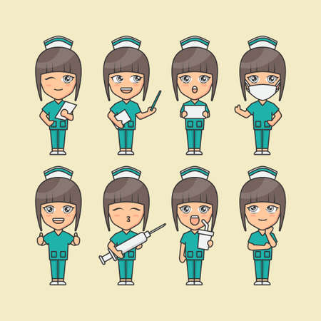 Set of happy woman in nurse uniform with different pose. Female nurse characterのイラスト素材