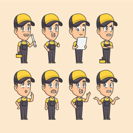 Professional technician in uniform with different pose set. Builder or Construction Worker in uniformのイラスト素材