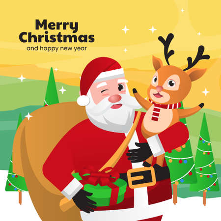 Merry Christmas and happy new year greeting card with cute Santa Claus and deer character in winter seasonのイラスト素材
