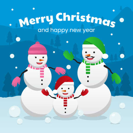Illustration of a Family of Snowmen Posing Happilyのイラスト素材