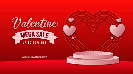 Valentine's day sale promotion banner with realistic hearth or love shape and 3d podiumのイラスト素材