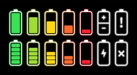 Battery charging point, charge indicator. Vector icon level Battery Energy powerfully full. Power low up status batteries . Charge level empty loading bar. Gadgets alkaline tags. Electric e bikeのイラスト素材