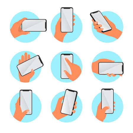 Hand holding mobile phone with white screen set in flat style isolated