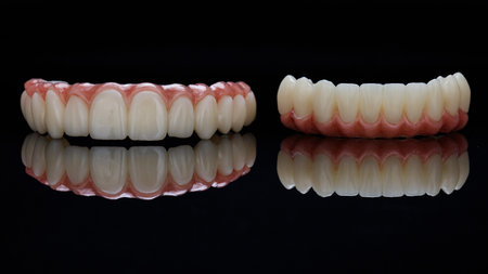 two dentures on the patient's jaw, shot on black glass with reflection