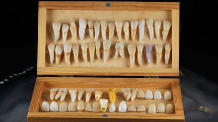 collection of ceramic and real teeth for demonstration and training of dental technicians, shot on black backgroundの写真素材