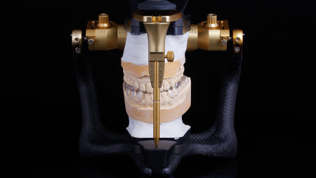 dental mouthguard on a model for gnathology in an articulator on a black background