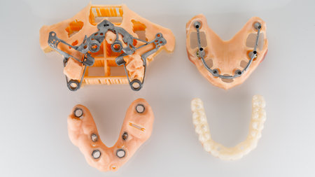 kit for total dental implantation of zygomatic templates, a beam on the model and a temporary prosthesis on a white backgroundの写真素材