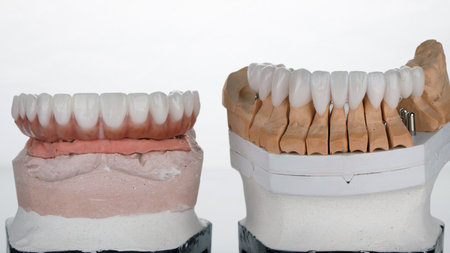 two dental models made of plaster with a prosthesis and crowns on a white backgroundの写真素材