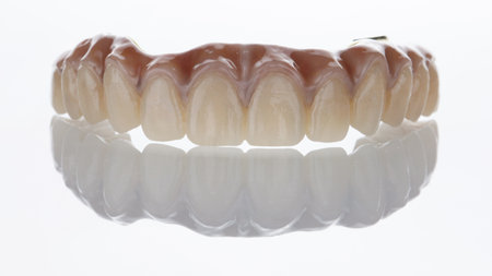 dental photo of a zircon prosthesis for the upper jaw on a white background with reflection