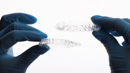 dental orthodontist holds two mouth guards for two jaws on a white background wearing glovesの写真素材