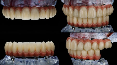 collage of two temporary dentures made of polymers on a model in occlusion, different angles on a black backgroundの写真素材