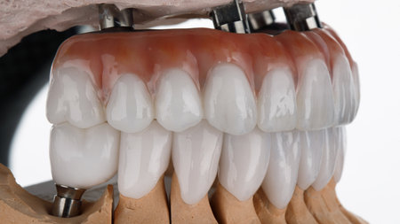 side view of dental prosthesis made of zircon of the upper jaw and crown of the lower jaw on a white...