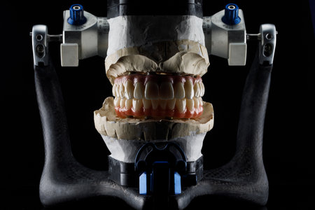 creative photo of an articulator with ceramic prostheses of the upper and lower jaw on a black...