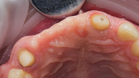 gum without teeth before dental implantation, view through the mirror