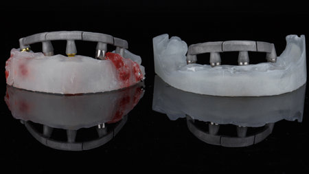 two dental beams made of metal from different parts on models on black glassの写真素材