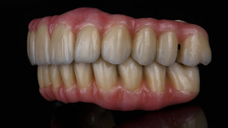 ceramic dental prostheses of the upper and lower jaws in the bite, taken on black glass with...