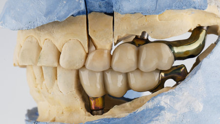 small bridge prostheses made of zircon and titanium on models of the upper and lower jaws on a white...