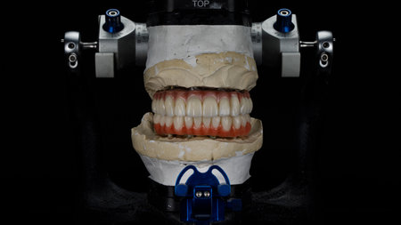 dental prostheses made of ceramics and titanium of the upper and lower jaws and an articulator on a...