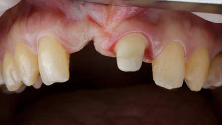 upper jaw without a central tooth and a prepared tooth for a crownの写真素材