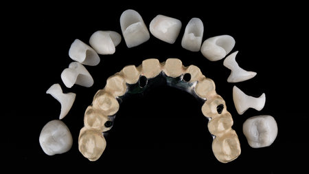 a set of ceramic crowns before gluing on the titanium bar of the upper jaw, top view on a black...