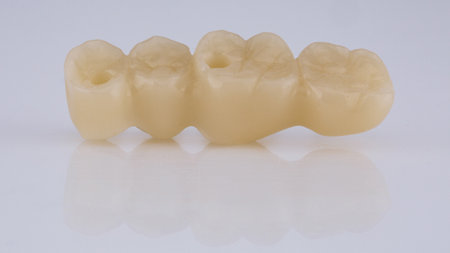 temporary dental bridge for four teeth made of polymer plastic on a white backgroundの写真素材