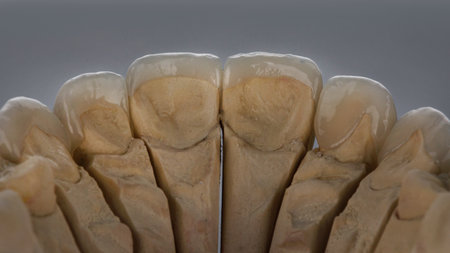 Six dental veneers from ceramics on the model