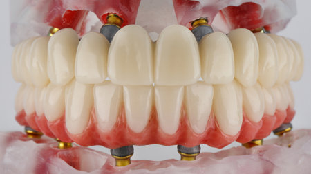 dental prostheses of the upper and lower jaw on a beam with models on a white backgroundの写真素材