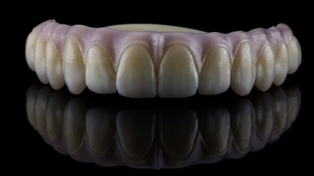 excellent angle with the prosthesis of the upper jaw with a painted pink artificial gum on black glass with reflectionの写真素材
