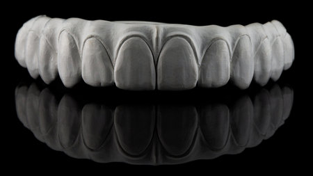 creative macro photo of white zircon prosthesis on black glass with reflection
