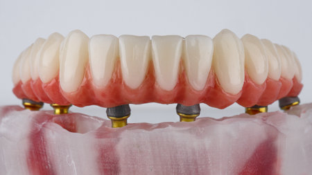 dental prosthesis of the lower jaw and a bar with an artificial gum on a model with a white...
