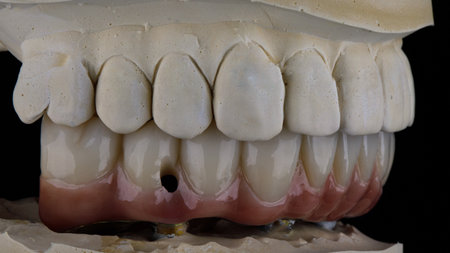 view of the lower jaw prosthesis made of zircon in the occlusion with a plaster model
