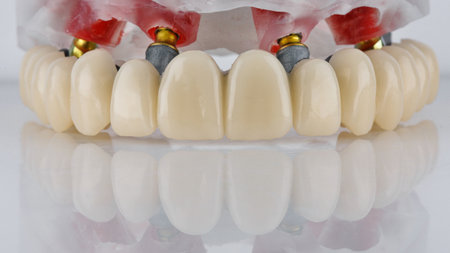 dental prosthesis of the upper jaw on the bar with a model on a white background