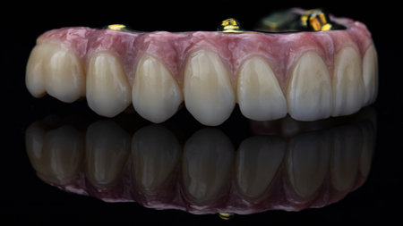 excellent upper jaw prosthesis made of zircon with natural gums and relief on black glassの写真素材