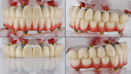 photo collage of temporary dental prostheses on models in bite and separately on a white backgroundの写真素材