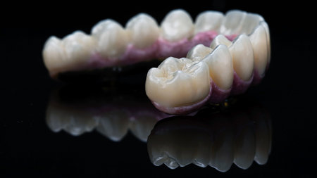 macro dental photo of the prosthesis and morphology on black glass with reflection