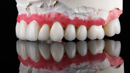 side view of veneers and crowns of the upper jaw on a model on black glass with reflectionの写真素材